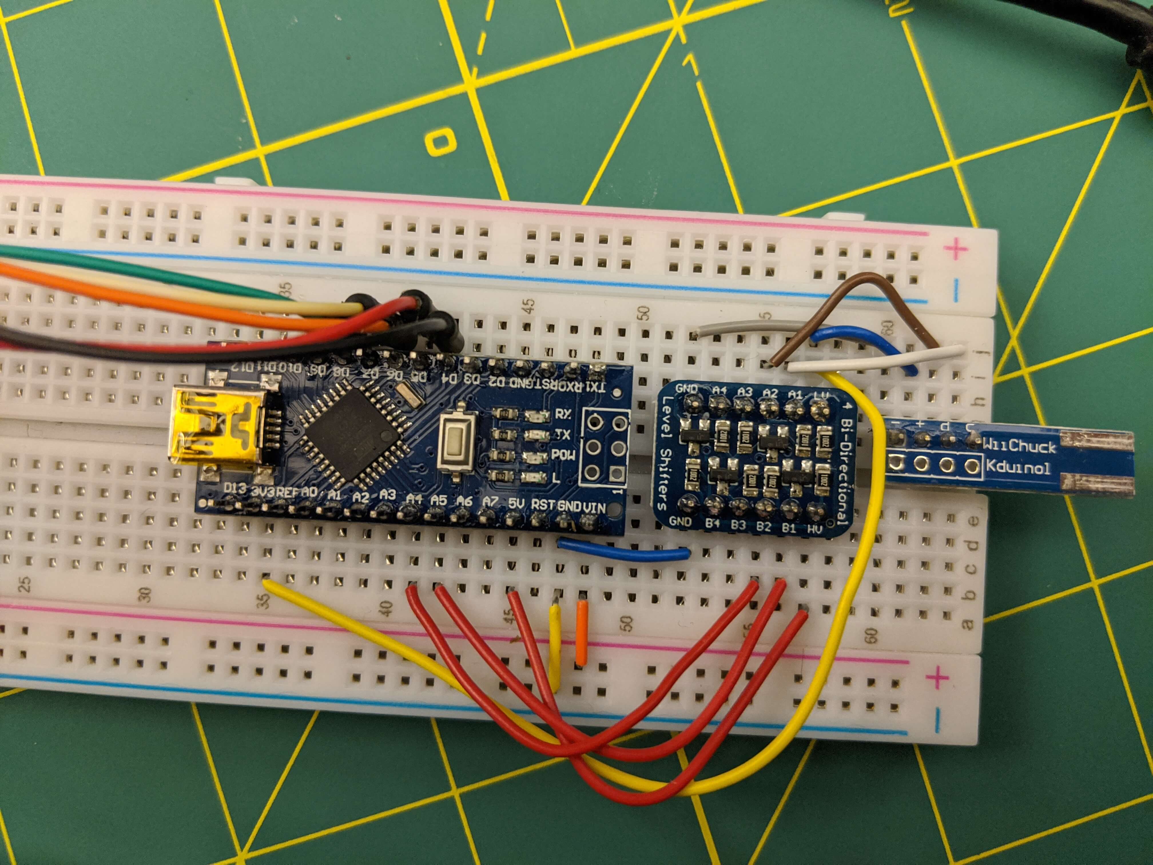 Wires connected between the WiiChuck adapter and Arduino Nano